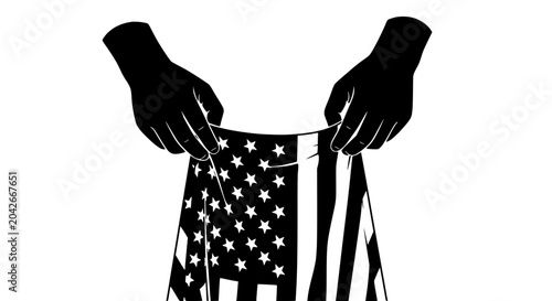 Tableau sur toile Hands holding american flag silhouette, protest, freedom, democracy, patriotism,