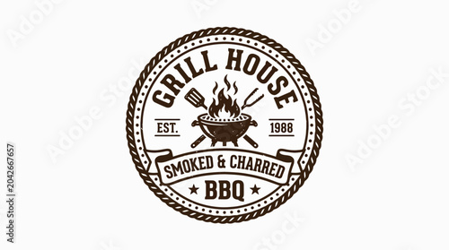 Cuadro en lienzo Grill House BBQ emblem with fire and utensils, establishing 1988, vector graphic