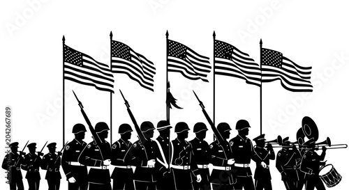 Tableau sur toile US Military Parade: Soldiers Marching with American Flags and Band