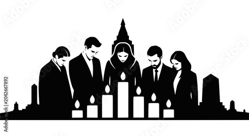 Tableau sur toile Mourning Crowd Lighting Candles for Remembrance and Solace