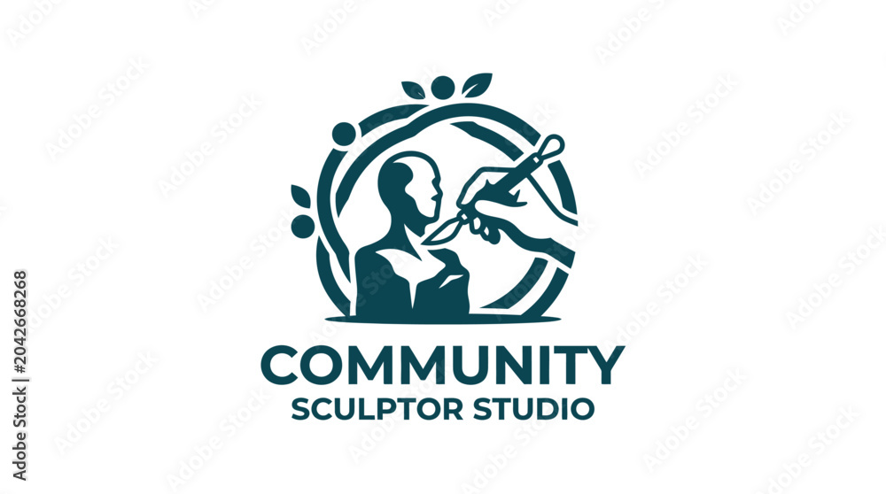 Fototapeta premium Sculptor's hands shaping a bust within a circular leafy frame, representing community art studio