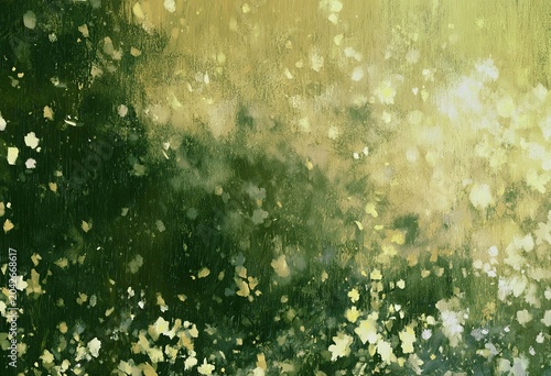 Textured Abstract Art Shades Green Yellow Small Blurry White Yellow Shapes Delicate Indistinct Flowers