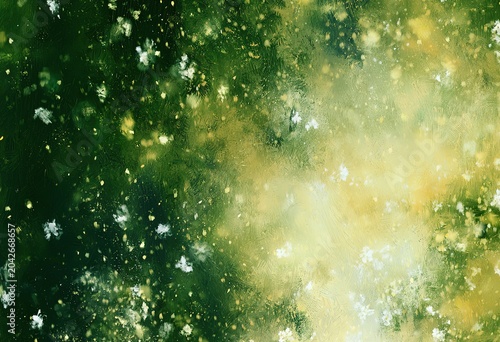 Abstract Green Background Varied Texture White Yellow Blurry Shapes Delicate Flower Like Diffuse Visual