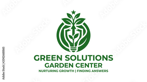 Green Solutions Garden Center logo with lightbulb sprout graphic on white background
