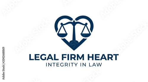 Vector logo for a legal firm with scales of justice inside a heart shape, symbolizing care and balance.
