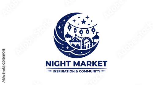 Vector logo design for a night market with moon, stars, and festival tents