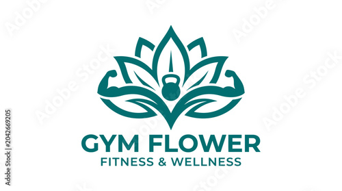 Photos Fitness logo with kettlebell, flexing arms, and lotus flower graphic