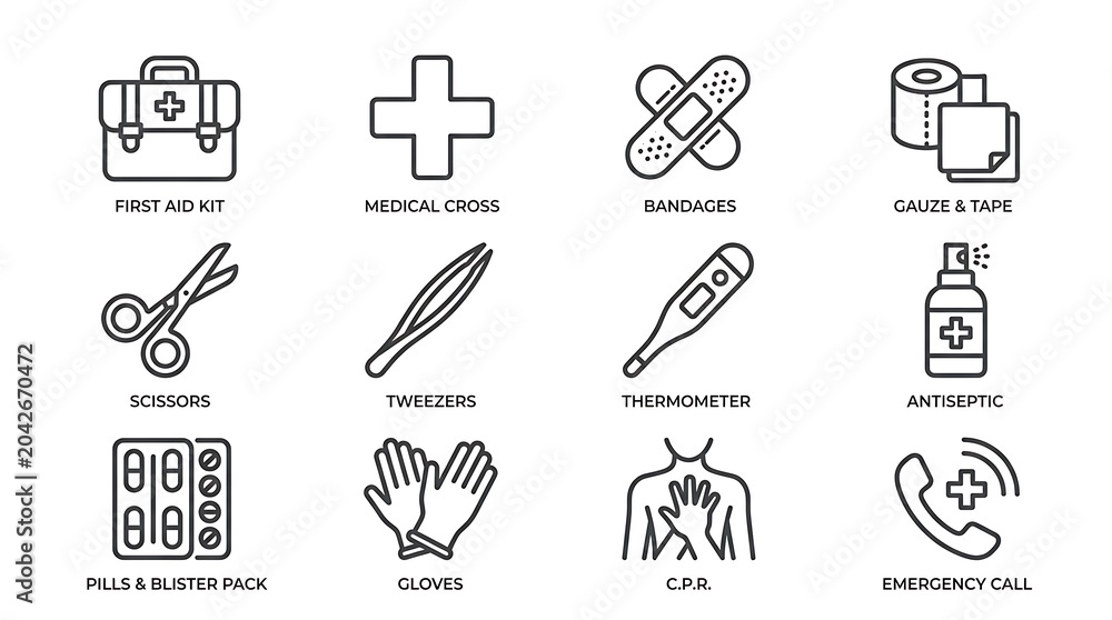 Fototapeta premium Set of First Aid Icons Including Medical Supplies.