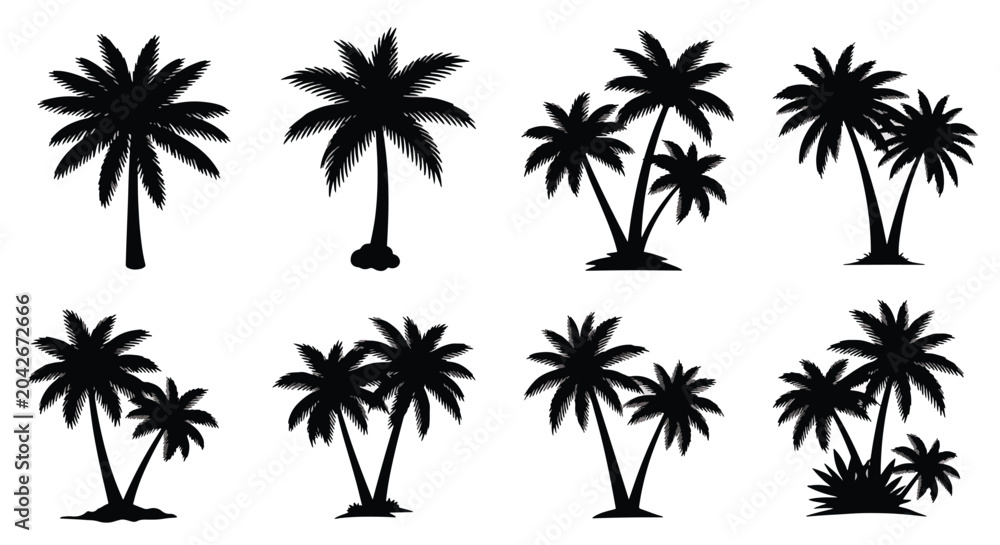 Fototapeta premium Collection of various palm tree silhouettes on a white background.