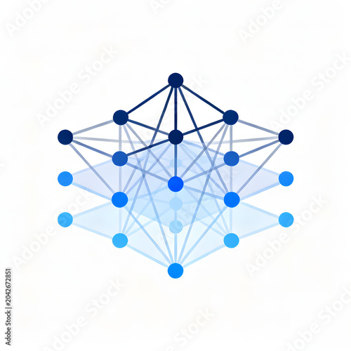 Abstract representation of a multi-layered neural network with interconnected nodes and varying blue hues.