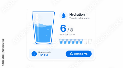Hydration tracker app interface showing progress and reminder options, flat design vector illustration.