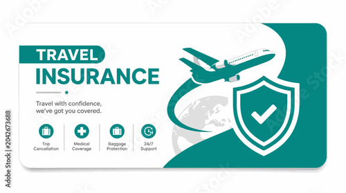 Travel insurance concept with airplane, shield and icons, vector illustration