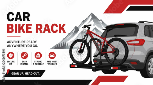 Car bike rack carrying mountain bike for outdoor adventure, graphic element