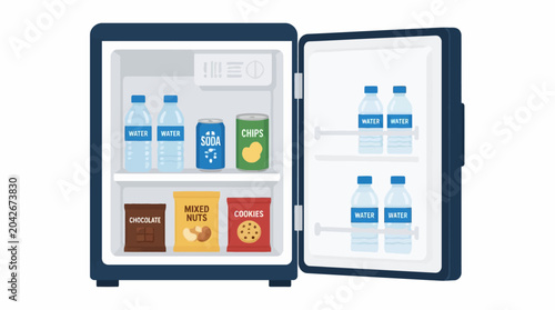 Open refrigerator filled with drinks and snacks, vector illustration
