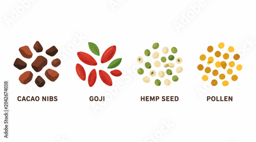 Foto Superfood ingredients set: cacao nibs, goji, hemp seed, pollen, flat vector illu