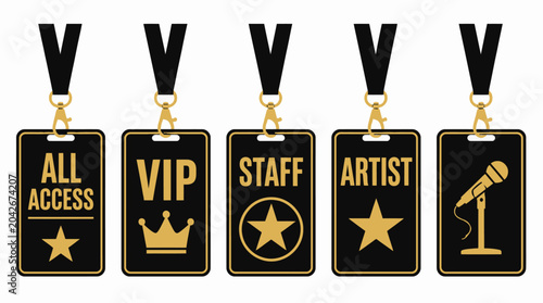 Set of five black access passes with gold text and icons, isolated on white background