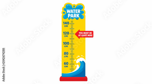 Water park height restriction sign with ruler and wave graphic element
