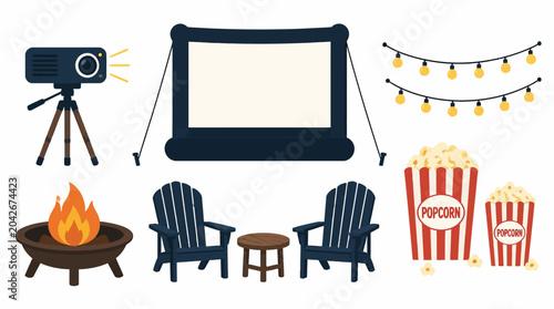 Outdoor movie night elements set: projector, screen, chairs, fire pit, popcorn, string lights
