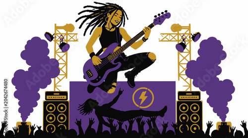 Cuadro en lienzo Energetic female musician jumping with bass guitar on concert stage with smoke a