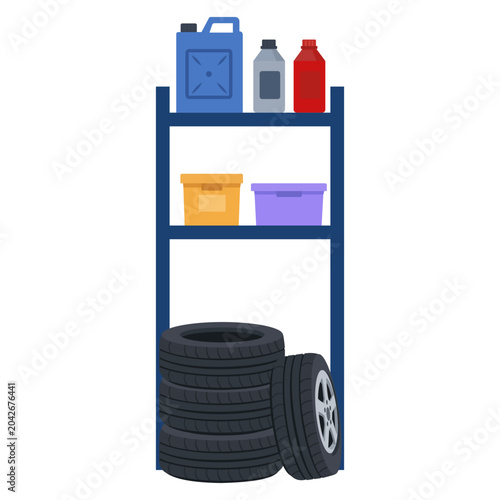 Automotive Workshop Storage Shelf With Tire And Repair Supplies Illustration