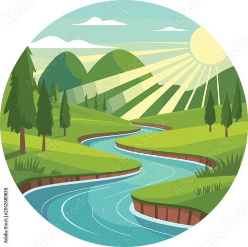 Photos A tranquil natural with a winding river and sunbeams over verdant hills landscape vector on white background