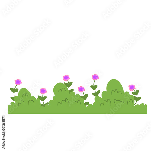 Illustration of Pink Flowers and Green Bushes