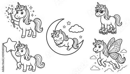 Cute magical unicorns coloring page set for kids with coloring, character