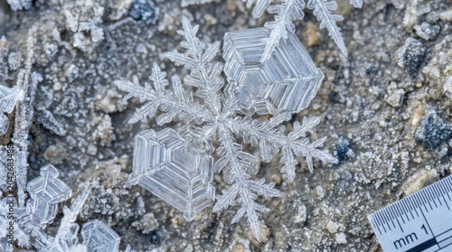 Close-up macro view of a natural hexagonal ice crystal snowflake with dendritic branches and plate formations on frozen soil next to a millimeter scale ruler for size.