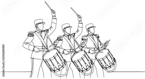 Tableau sur toile Military drummers in uniform playing large drums, historical reenactment, line art illustration