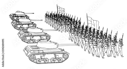 Foto Military parade: Tanks and soldiers marching in formation, black and white illus