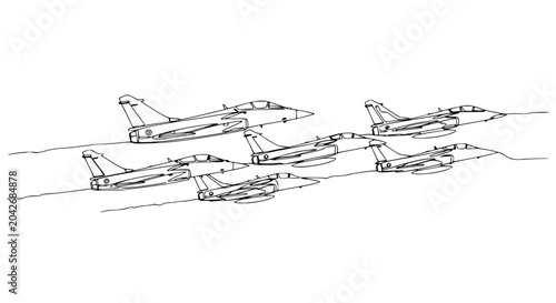 Quadro em tela Fighter jets formation flight, line art illustration