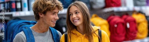 Teen student backpack retail store aisle back to school shopping with smiling teen student couple choosing backpack inside retail store aisle with