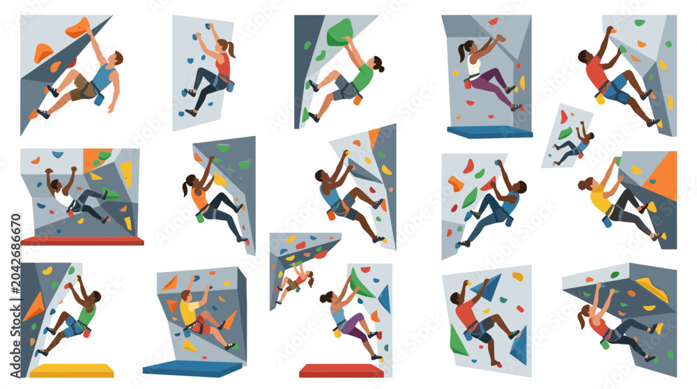 Naklejka premium Diverse people bouldering and rock climbing indoors on colorful artificial walls with safety mats enjoying active hobby and extreme sports
