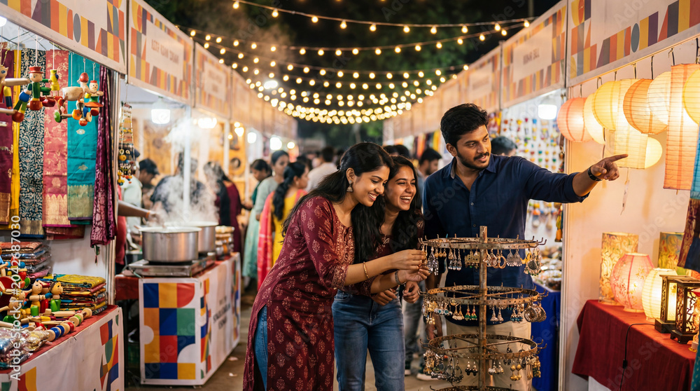 Fototapeta premium Diverse Indian friends exploring a vibrant night market in Chennai, looking at traditional handcrafted earrings and colorful lanterns in a street bazaar