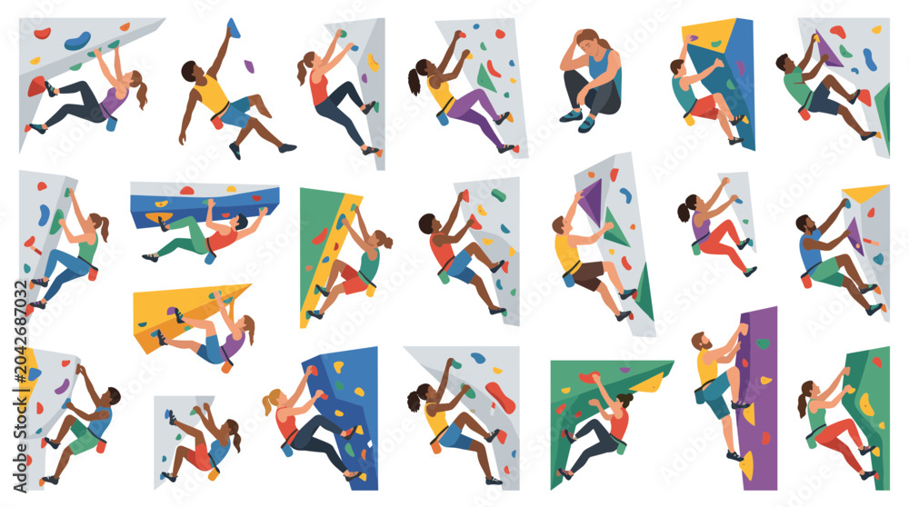 Naklejka premium Diverse group of people climbing on colorful artificial indoor rock climbing walls engaging in bouldering and sport climbing activities
