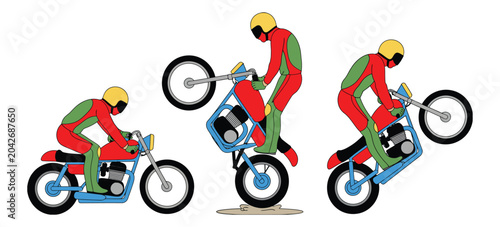 Billede på lærred Motorcyclist performing wheelie sequence vector illustration rider positions mot