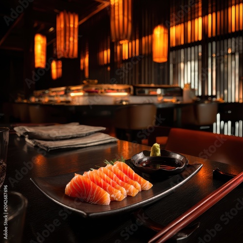 Elegant salmon sashimi platter in luxurious Japanese restaurant
