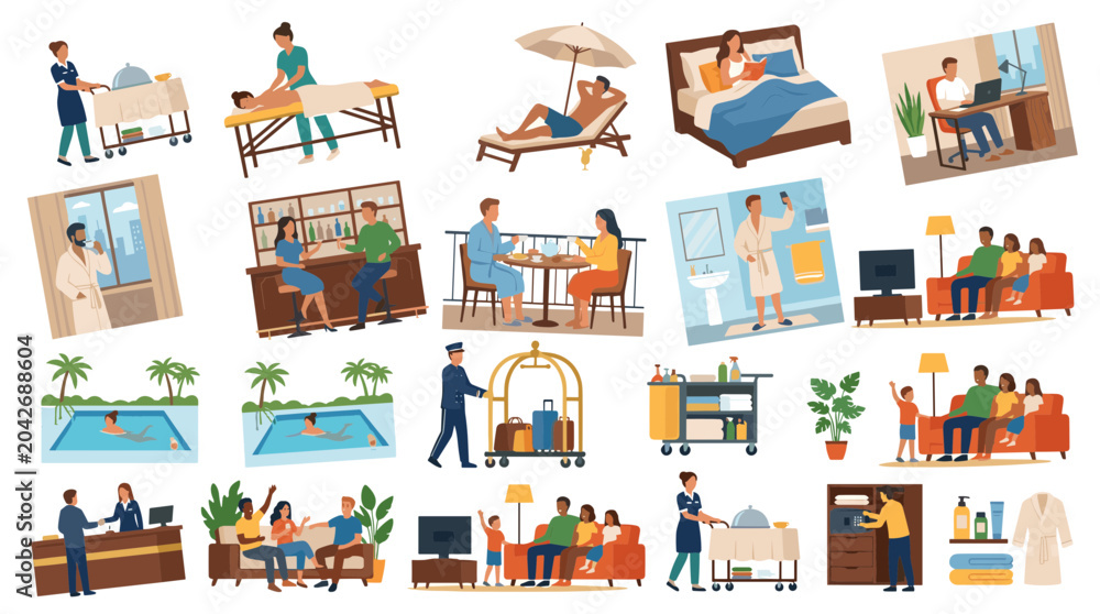 Fototapeta premium Diverse hotel and hospitality services montage featuring guests and staff in various luxury resort and travel settings