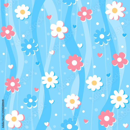 Cute Blue Floral Wavy Seamless Pattern