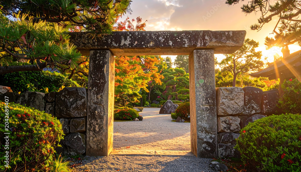 Naklejka premium Beautiful stone gate in a serene garden.
