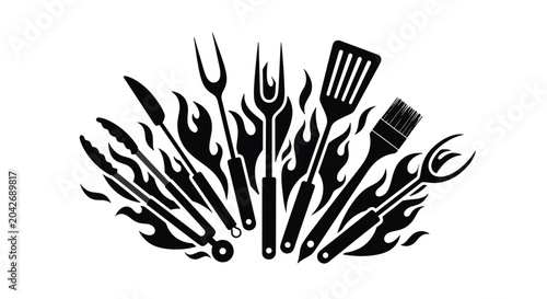 Barbecue Grill Utensils and Flames Illustration.