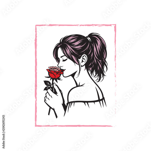 Elegant black and white line art of a woman with ponytail holding and smelling a red rose, minimalist vector illustration with pink frame accent.