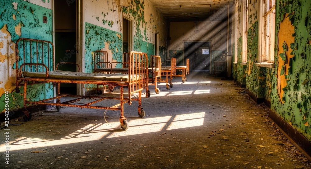 Obraz premium A decaying hallway in a forgotten hospital features peeling paint, rusted gurney beds, and eerie shadows stretching across the dusty floor, urbex, hallway, institution