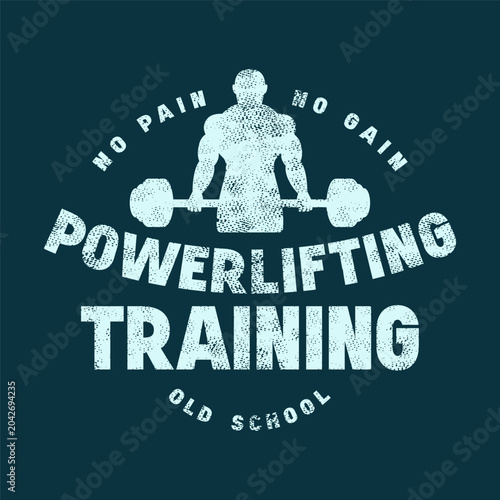 Emblem with powerlifter silhouette. Gym, workout, bodybuilding and athletic  theme. Graphic design with rough texture for t-shirt. Blue print on dark background