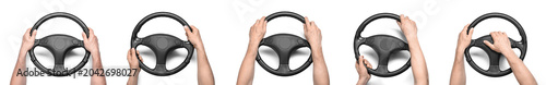 Foto Set of drivers hands with steering wheels on white background
