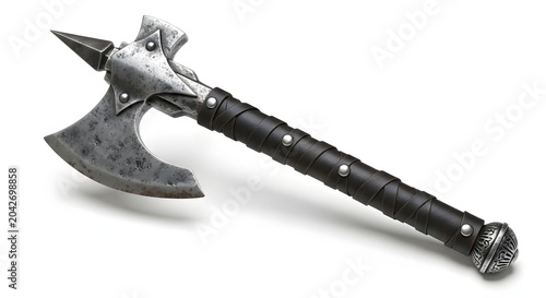 Medieval battle-axe, fantasy double-sided axe, metal weapon, black leather handle