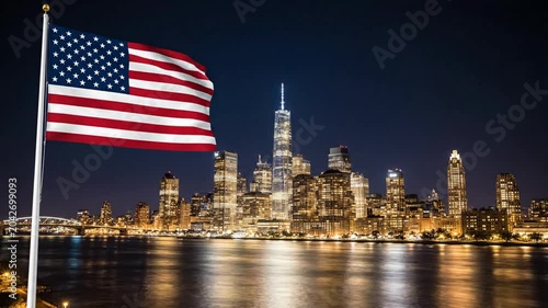 American flag waving over new york city skyline at night, iconic manhattan financial district backdrop, usa patriotism and business concept