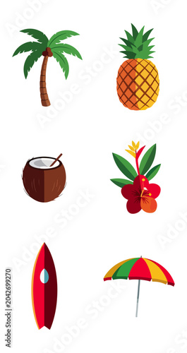 Tropical fruit palm trees and beach accessories illustration