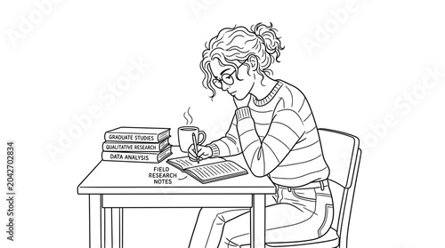 Schilderij op canvas Young Woman Studying and Taking Notes at Desk with Books and Coffee
