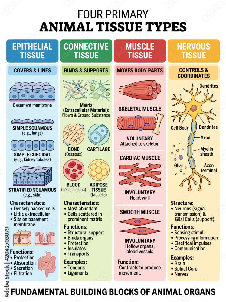 Fototapeta premium Animal tissue types educational chart showing epithelial connective muscle and nervous structures for biological science study